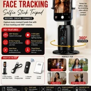 360° AI Face Tracking Selfie Stick Tripod Q02 | LED Lights | Remote