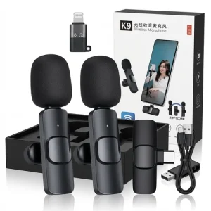K9 Wireless Lavalier Microphone Dual Mic Set for iPhone Android USB-C Lightning